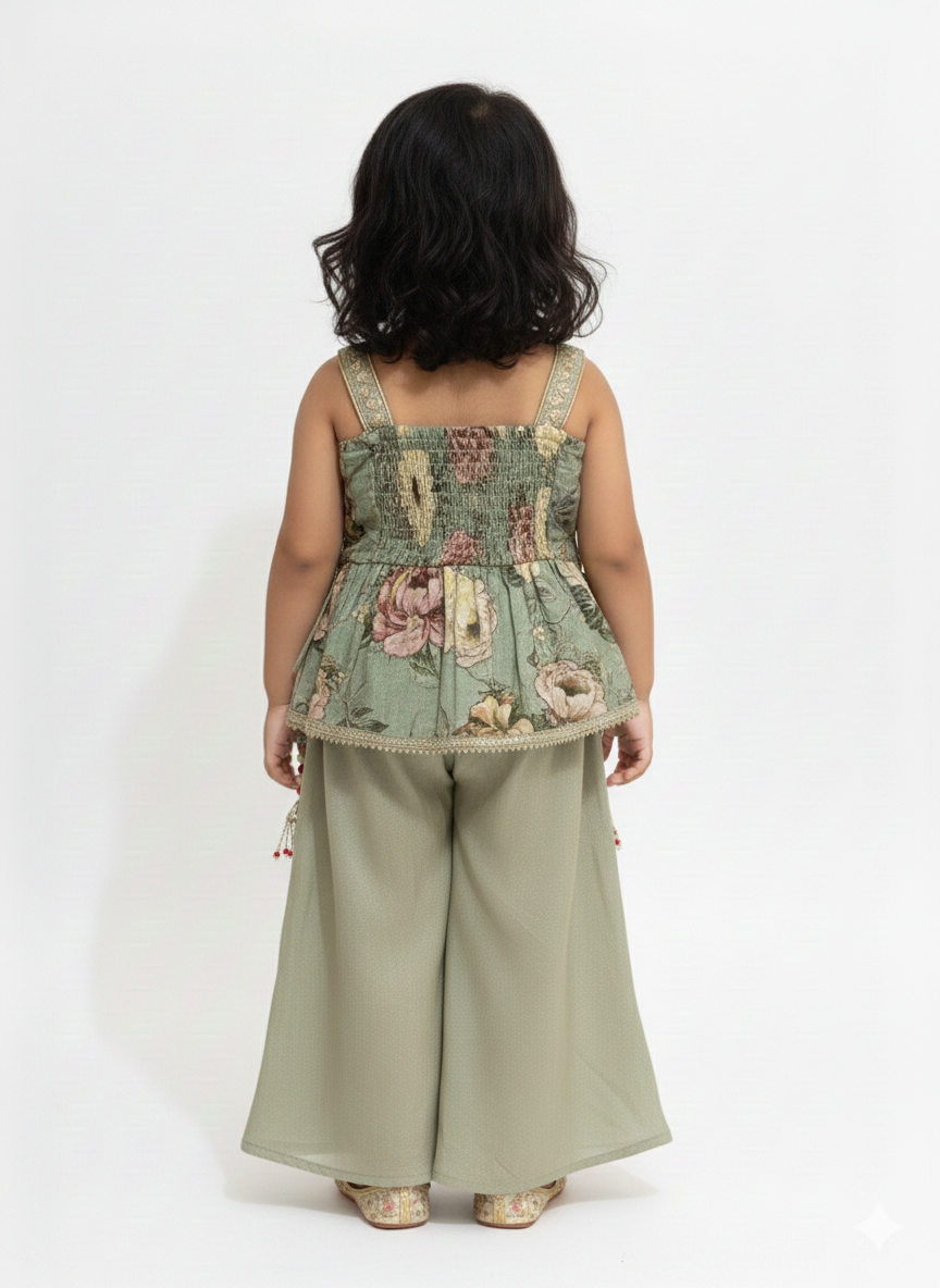Sage Green Botanical Print Ethnic Ensemble with Decorative Tassels