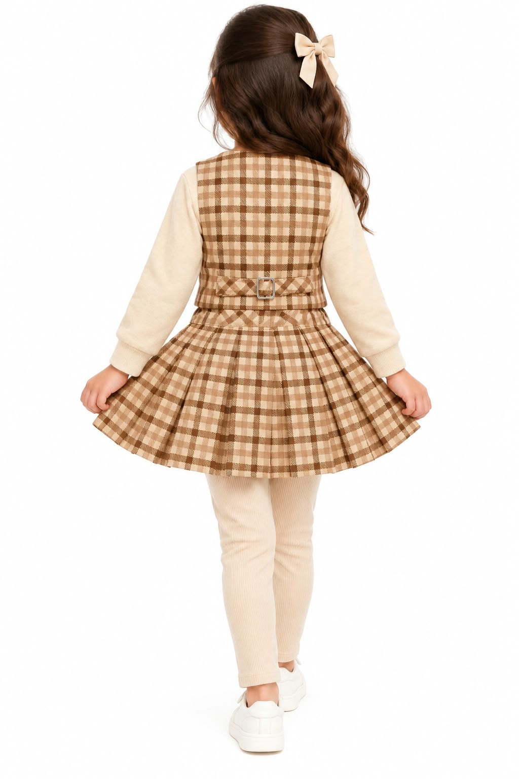 Girls' Beige Plaid Vest, Pleated Skirt & Leggings 3-Piece Outfit Set