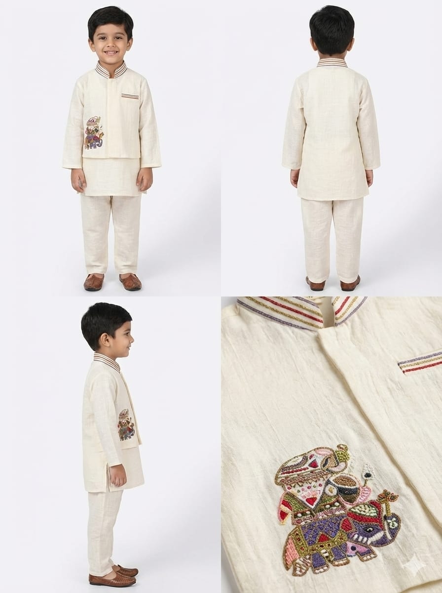 3-Piece Off-White Kurta Set with Motif on Jacket