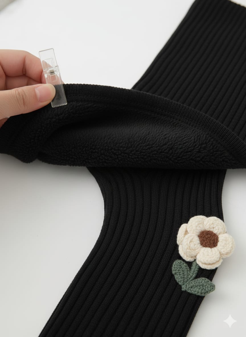 Black Leggings with Floral Applique (Fleece)