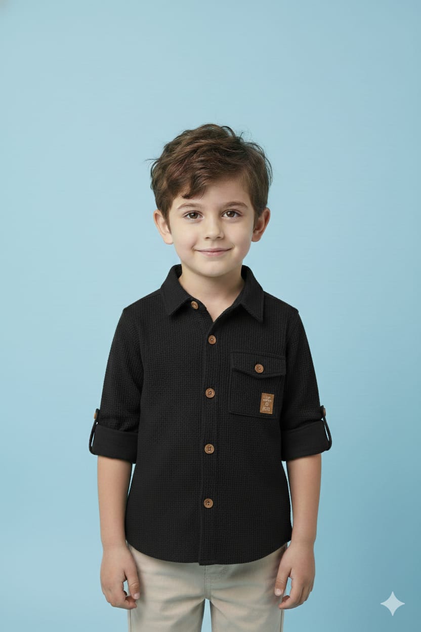 Black Waffle-Knit Casual Shirt