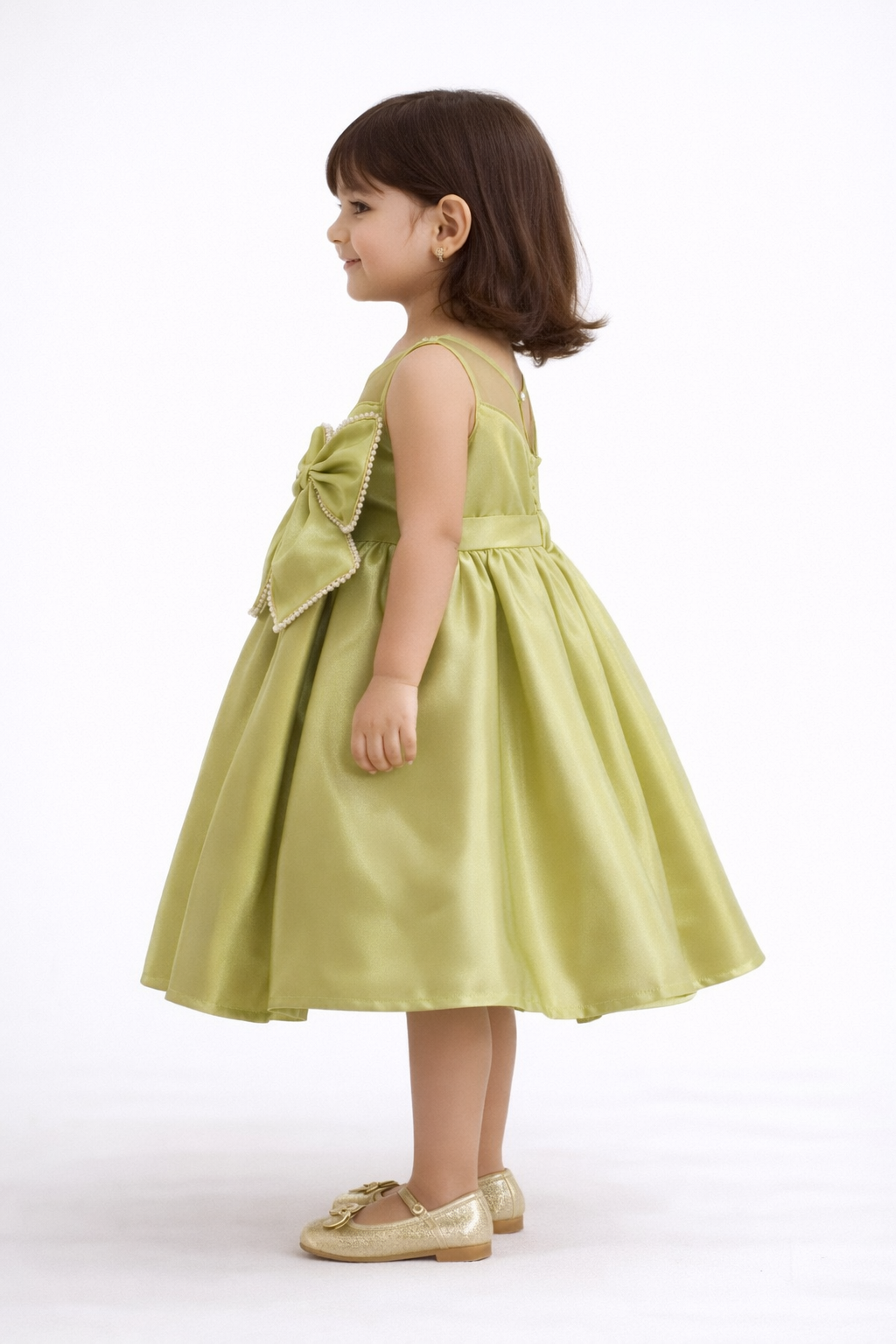 Girls’ Enchanted Olive Satin Party Dress – Pearl Embellished Bow Frock