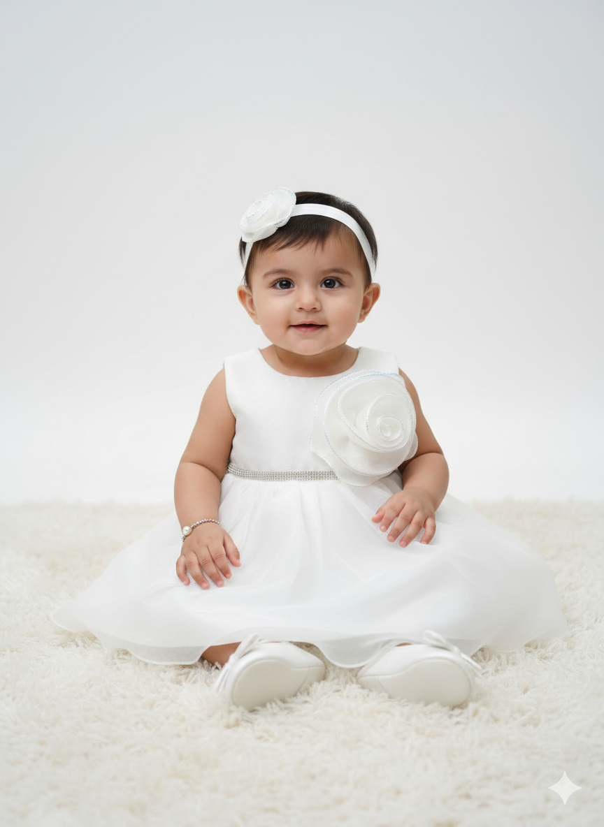 Elegant Sleeveless White Party Dress with Dramatic Floral Detail