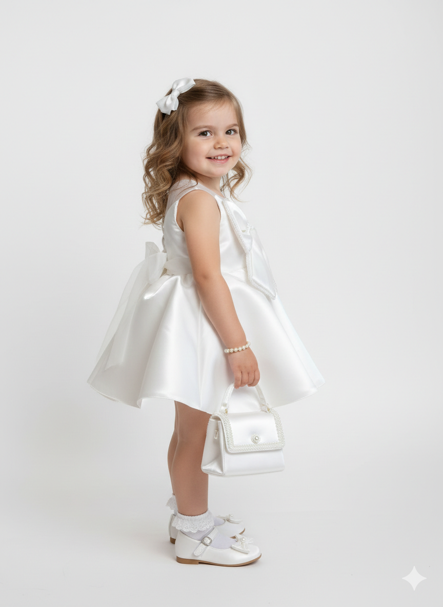 Girls’ Pearl-Embellished Satin Party Dress – Elegant Occasion Frock with Oversized Bow