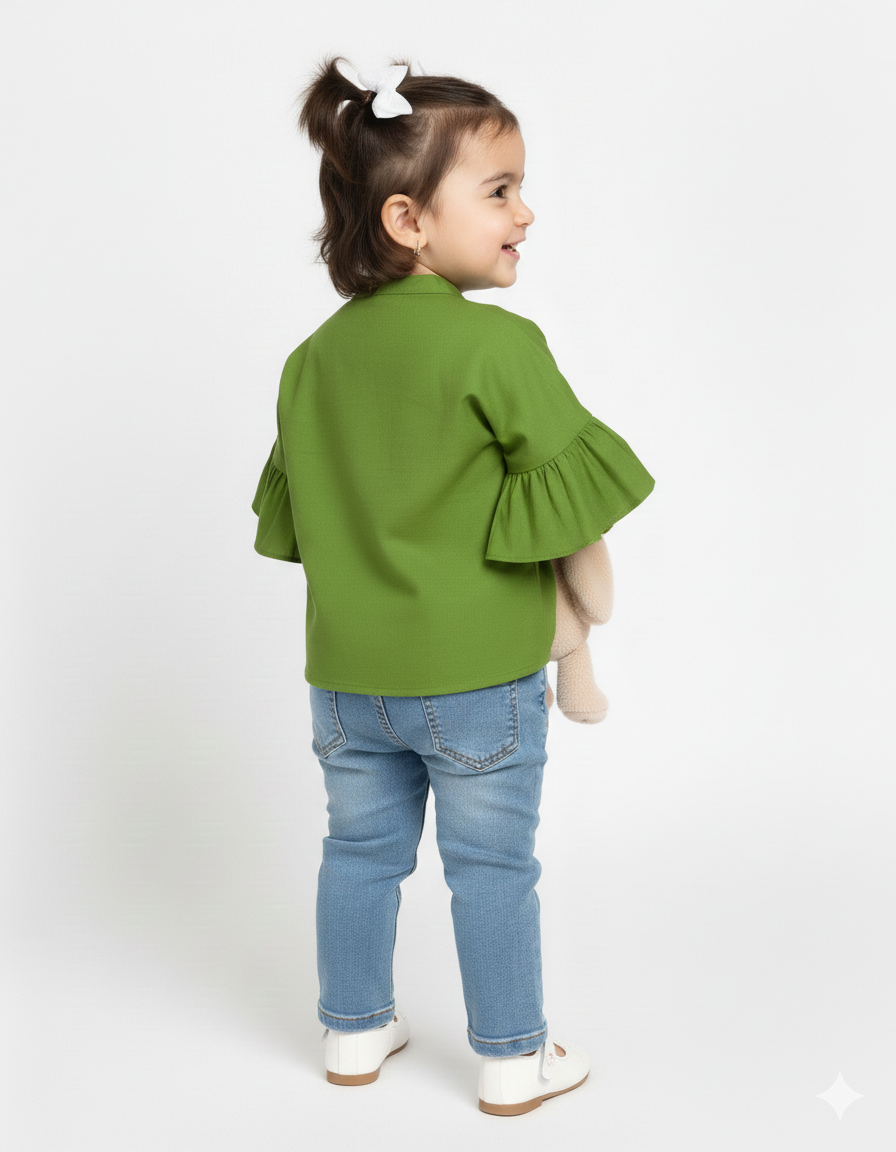 Kids' Vibrant Green Lantern Sleeve Cotton Top with Pleated Neckline