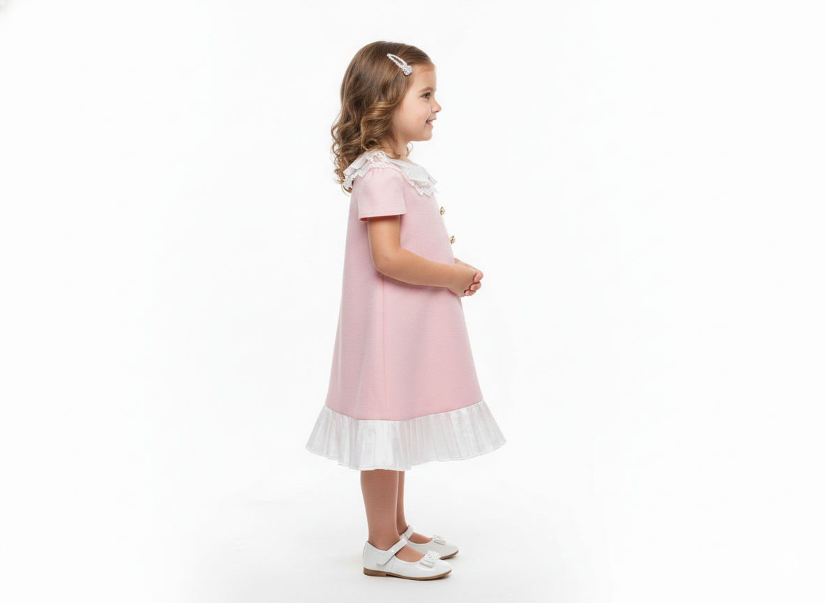 Girls' Pastel Pink Princess Dress with Pleated Lace Collar ✨