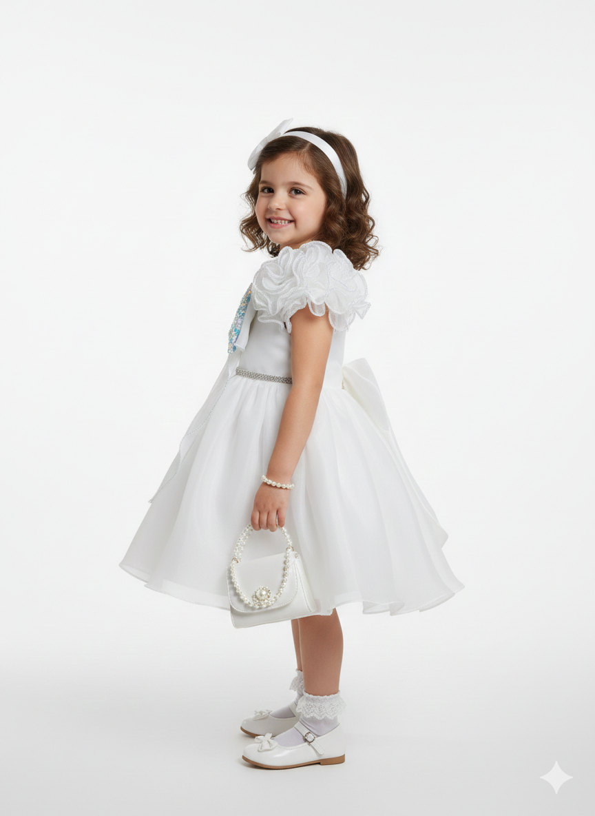 Girls’ Shimmering White Sequin Party Dress – Avant-Garde Ruffle Sleeve Frock