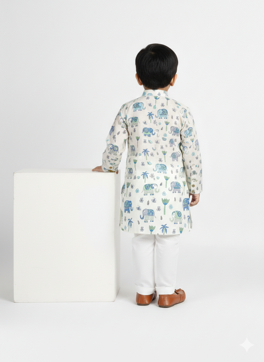 Boys' Ivory Elephant Print Ethnic Kurta Pajama Set 🐘