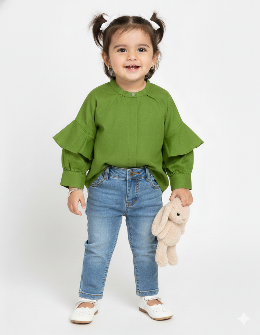 Kids' Vibrant Green Lantern Sleeve Top with Pleated Neckline