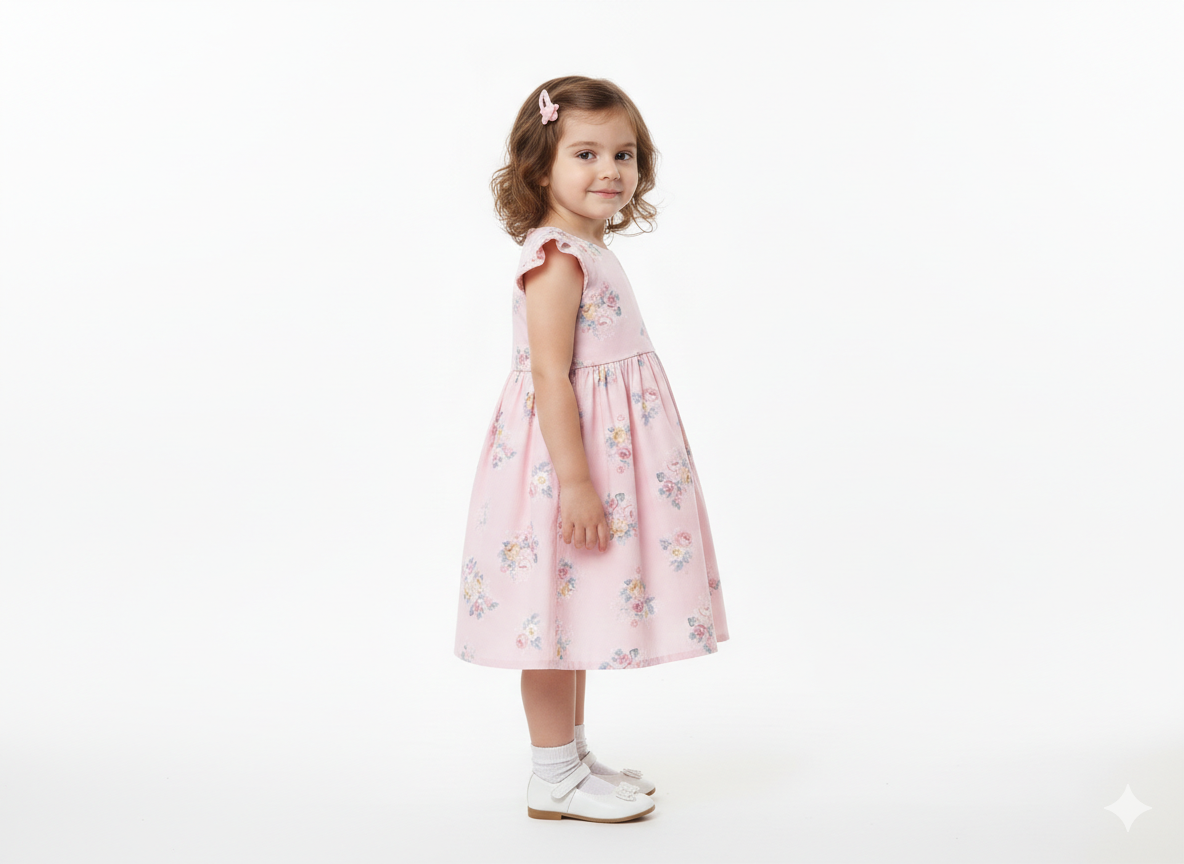 Girls' Vintage-Inspired Floral Print Cotton Dress with Flutter Sleeves-Pink