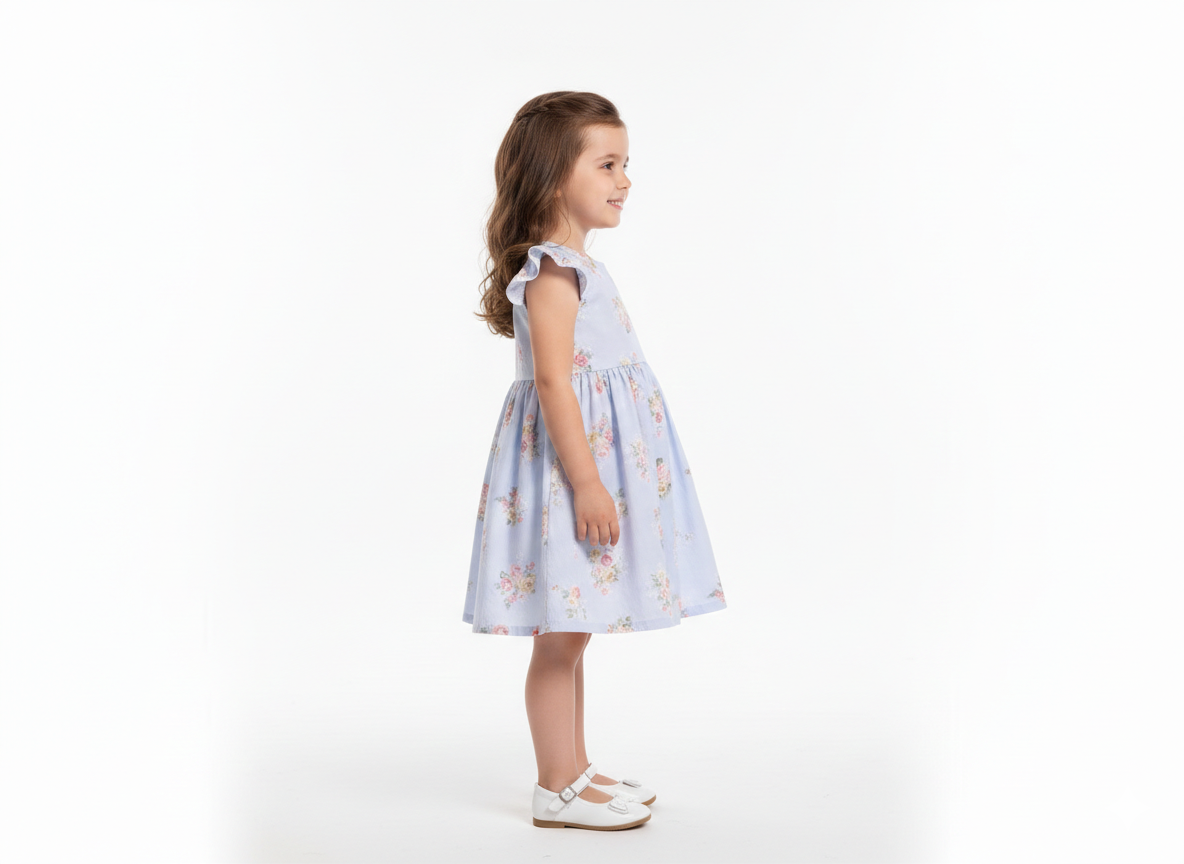 Girls' Vintage-Inspired Floral Print Cotton A-Line Dress with Flutter Sleeves-Blue