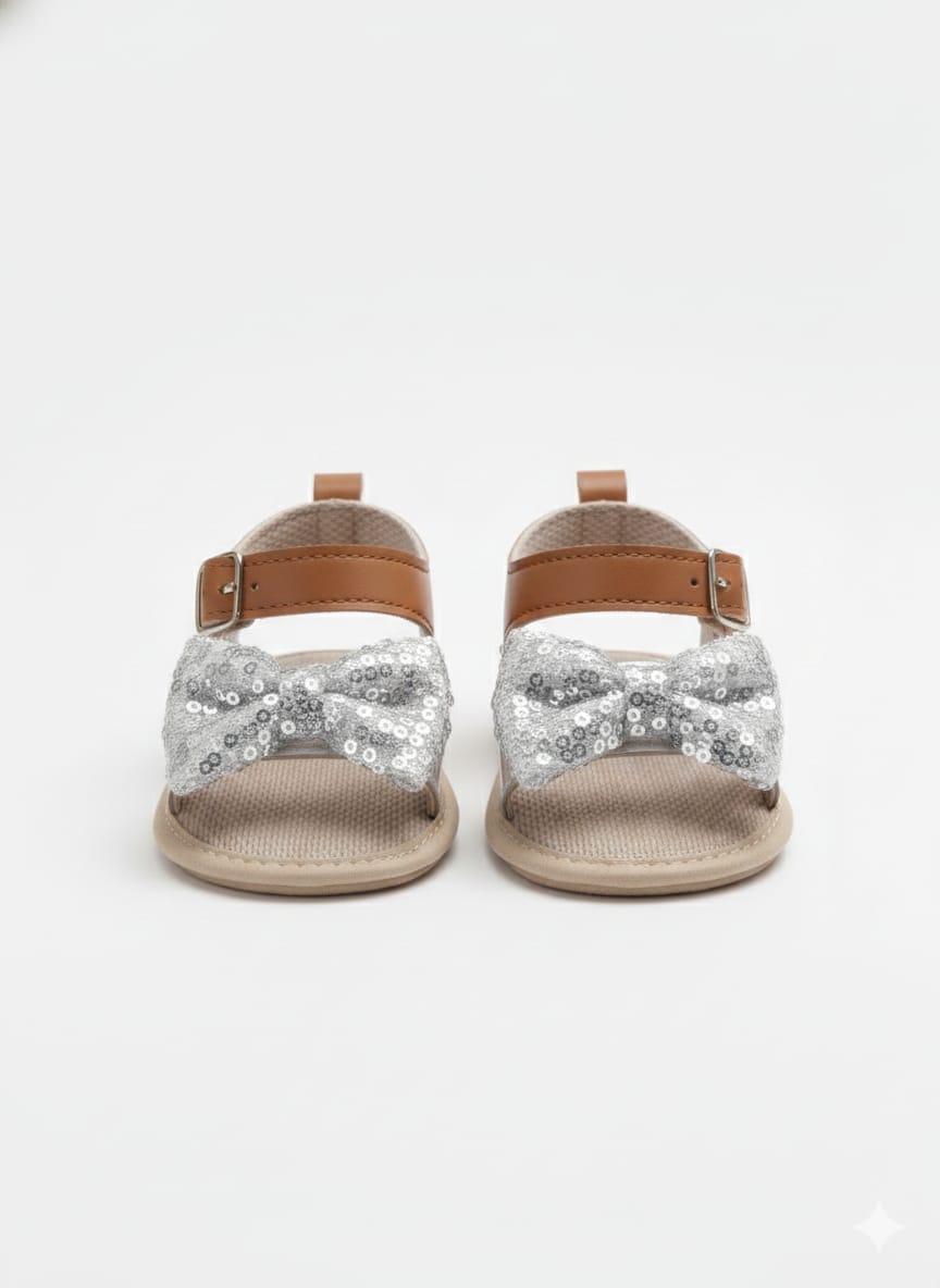 Infant Sandals with silver sequined bow
