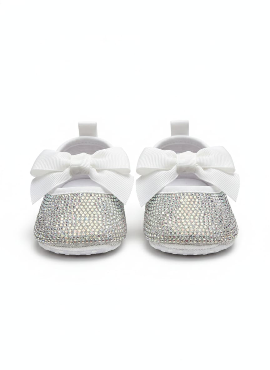 Infant girl's Silver Rhinestone booties with White bow