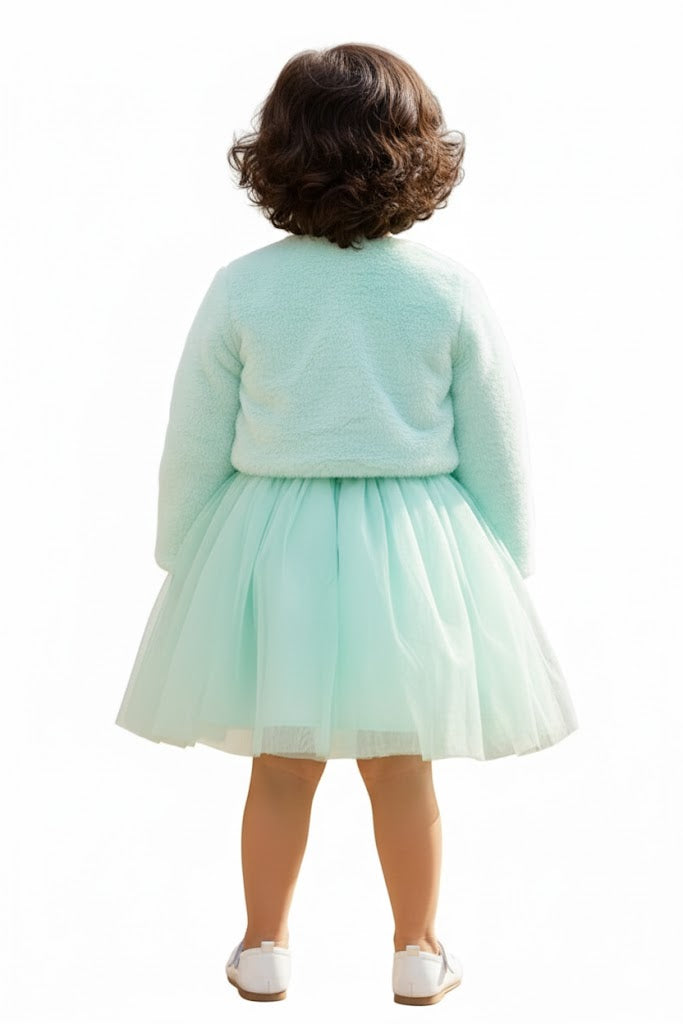 Mint Blue Party Wear Frock with Faux Fur Jacket For Girls