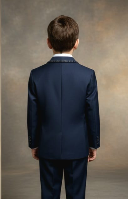 Navy Blue Tuxedo Suit with Sequined Trim along the lapels