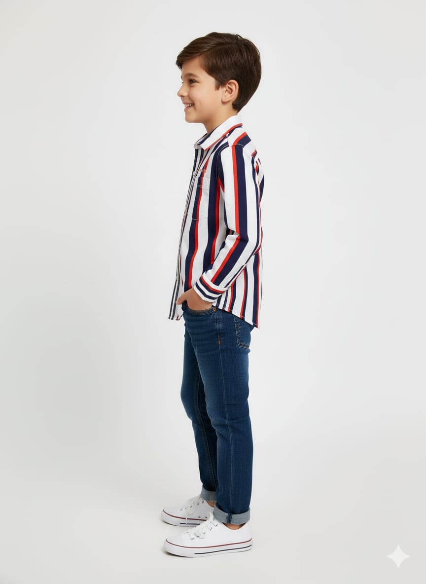 Navy Red White Vertical Stripe Shirt Full sleeve