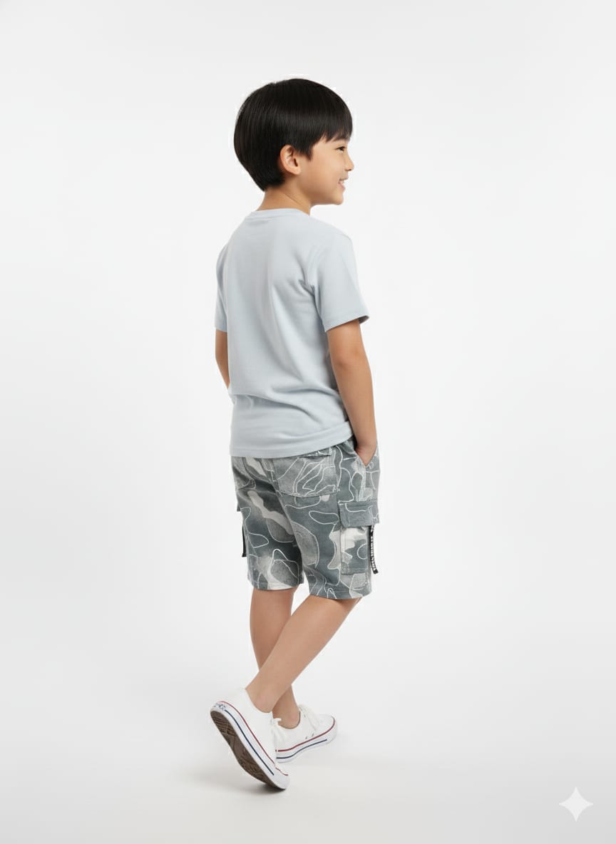 Soft Blue T-shirt paired with textured cargo-style shorts Co-ord Set