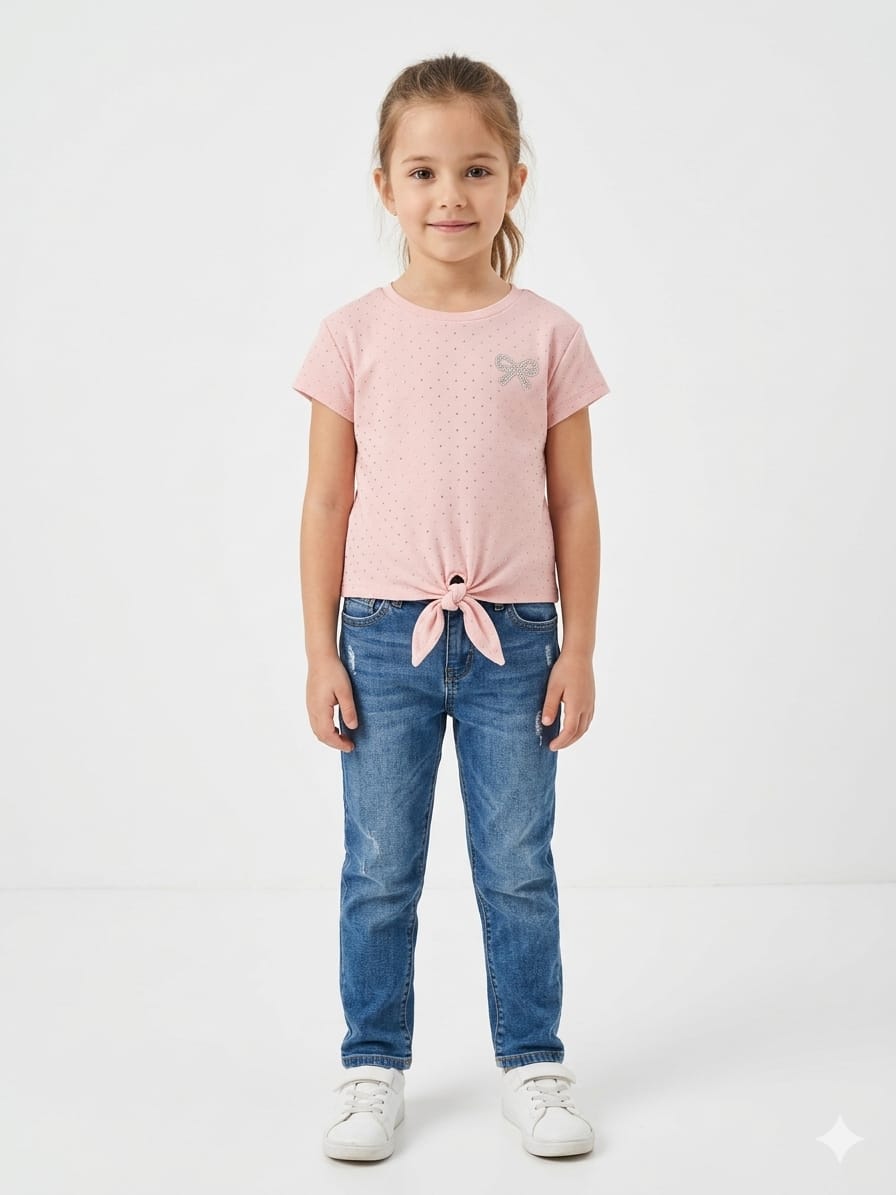 Soft Pink T-shirt with Bow Embellishment