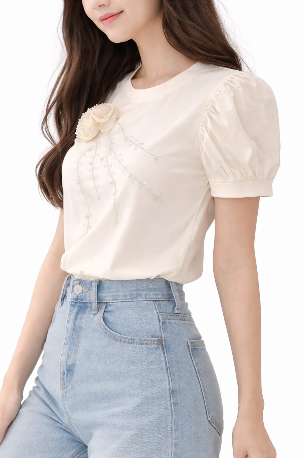 Rosette Embellished Puff Sleeve Top