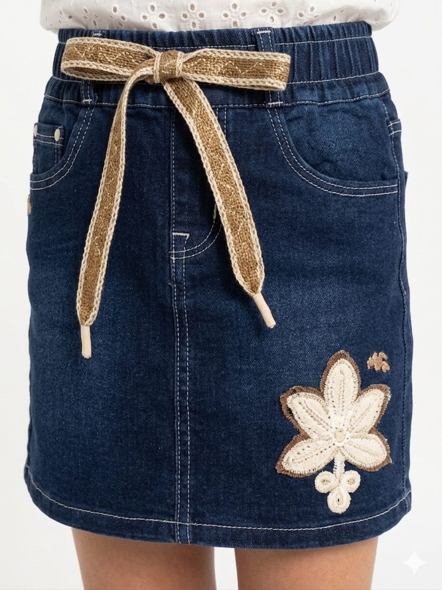 Dark Denim Floral Embroidery Skirt