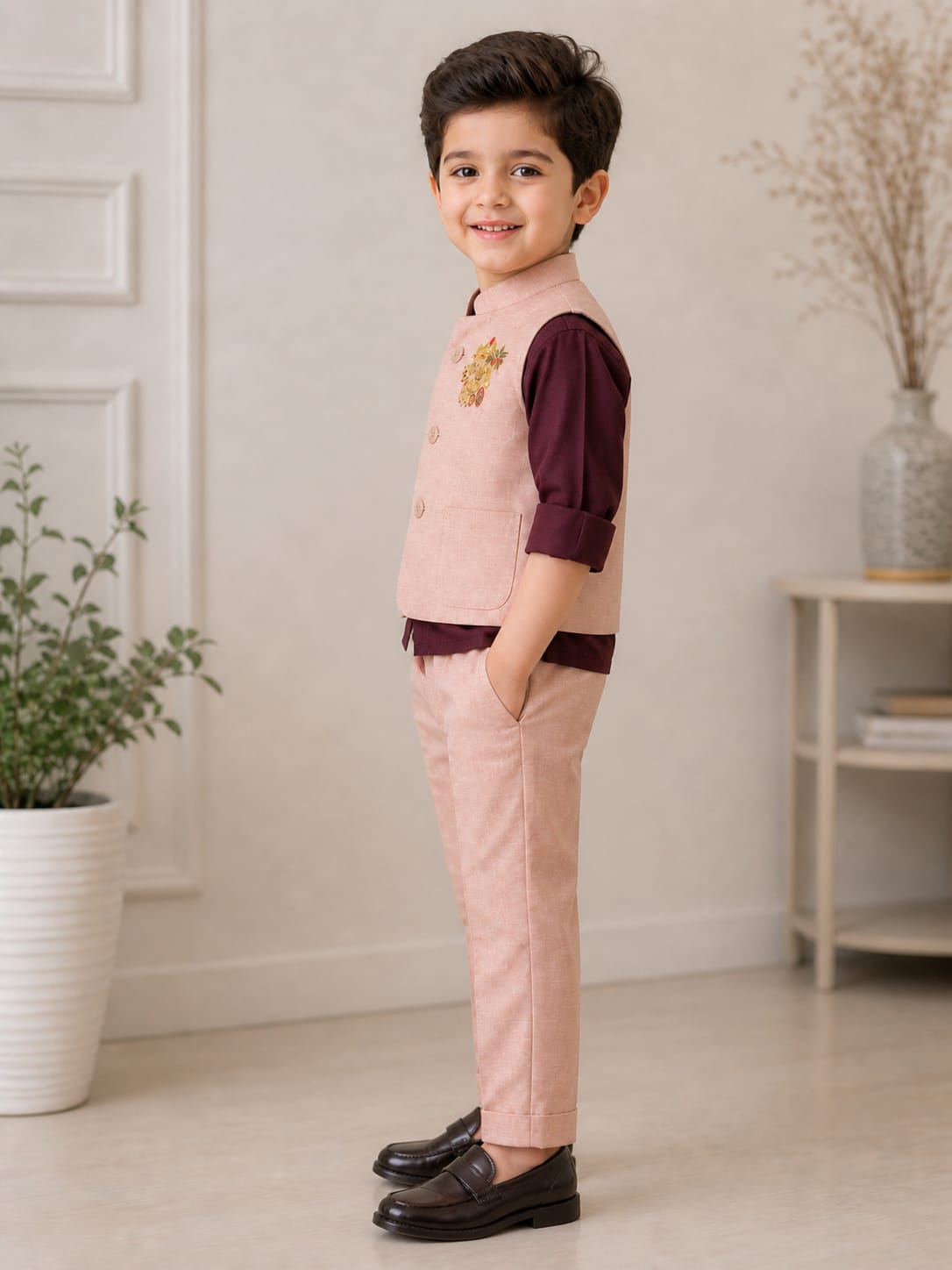 Premium Textured Waistcoat & Trouser Set - Dusty Rose