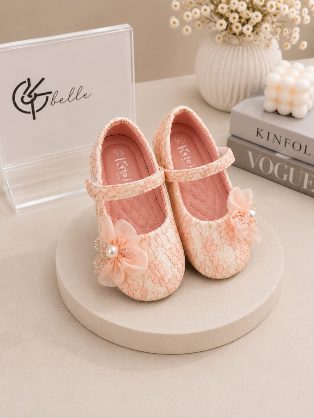 The Blossom Lace Mary Jane Ballerinas – Soft Peach