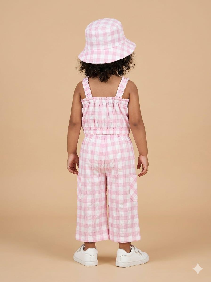 Toddler Girl's 3-Piece Pink Gingham Top, Palazzo, and Bucket Hat Co-ord Set