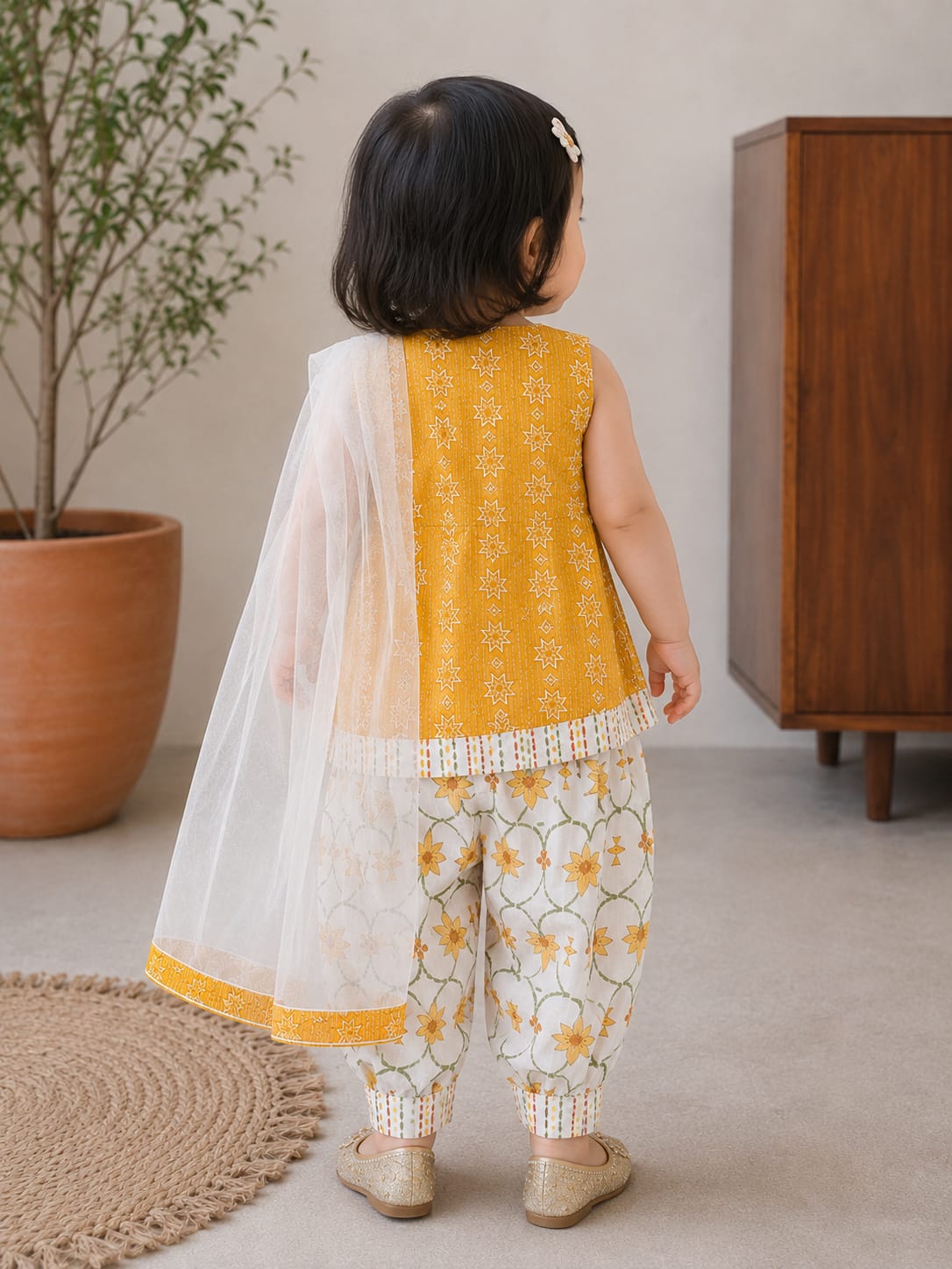 Festive Elegance: Mustard Yellow Embroidered Kurta & Printed Dhoti Pant Set