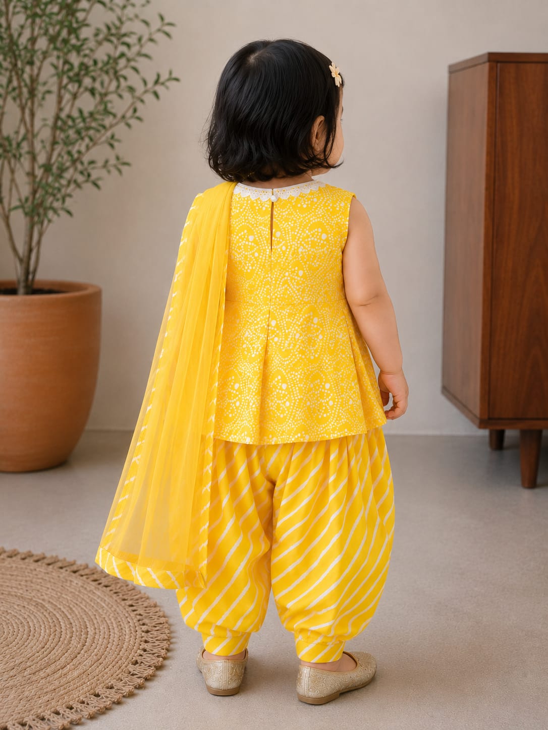 Ethnic Charm: Bright Yellow Bandhani Print Peplum Kurta & Leheriya Dhoti Set