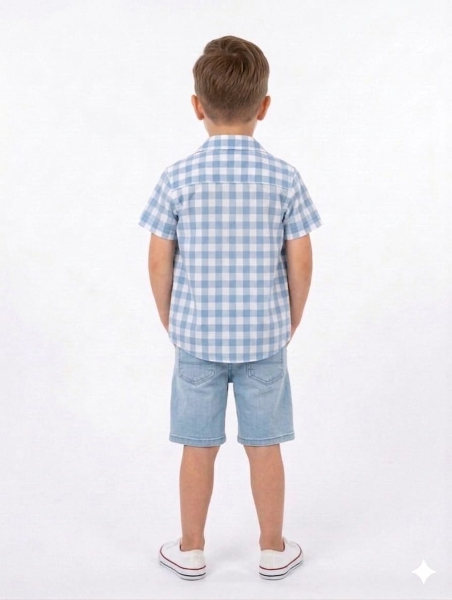 Boys' Classic Light Blue Gingham Check Casual Shirt