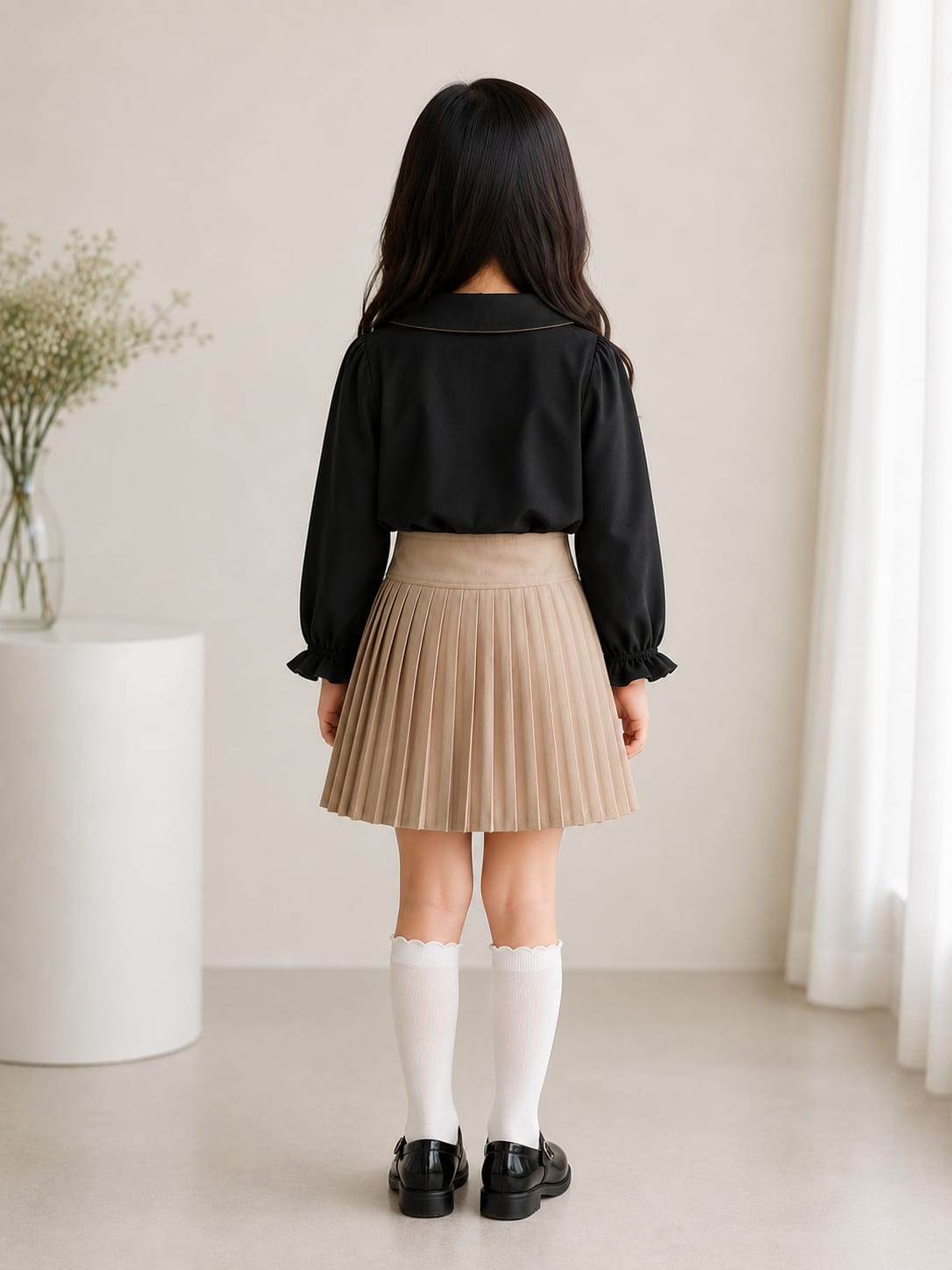 Girls' Preppy Pleated Beige Skirt