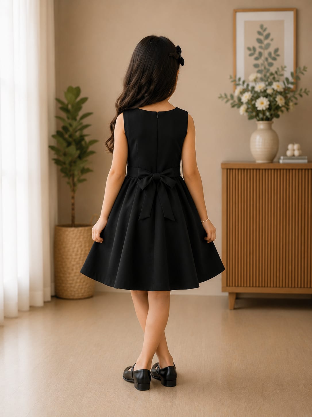 Elegant Black A-Line Frock with 3D Floral Applique