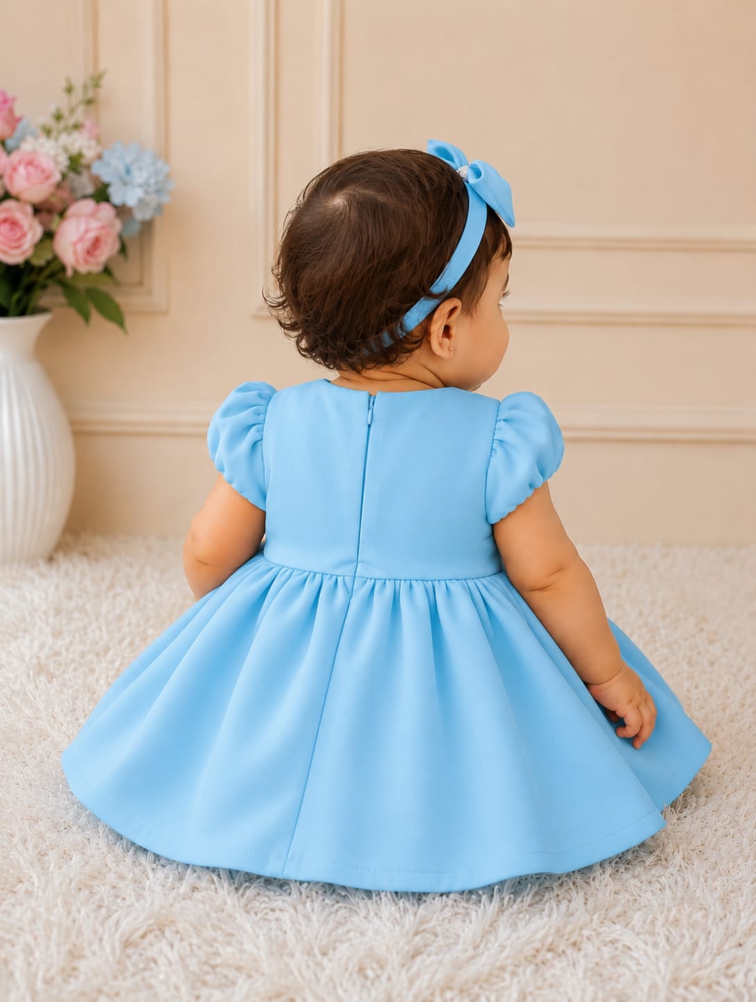 Charming Sky Blue Infant Party Frock with Matching Headband