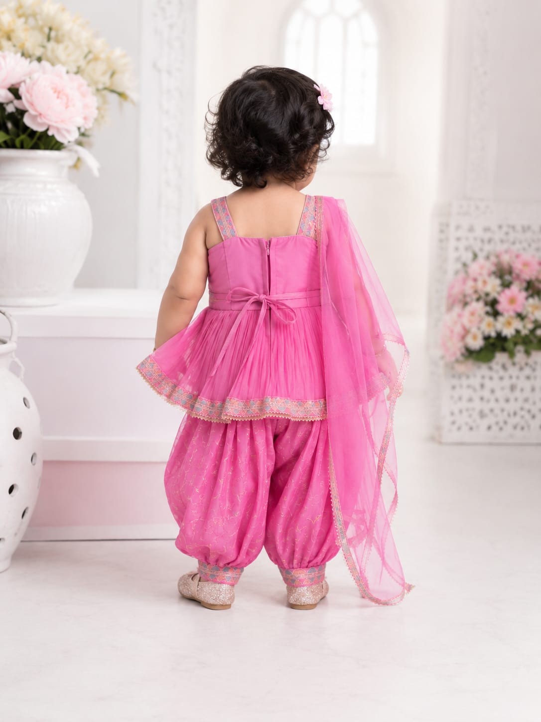 Vibrant Pink Floral Embroidered Peplum Sharara Set