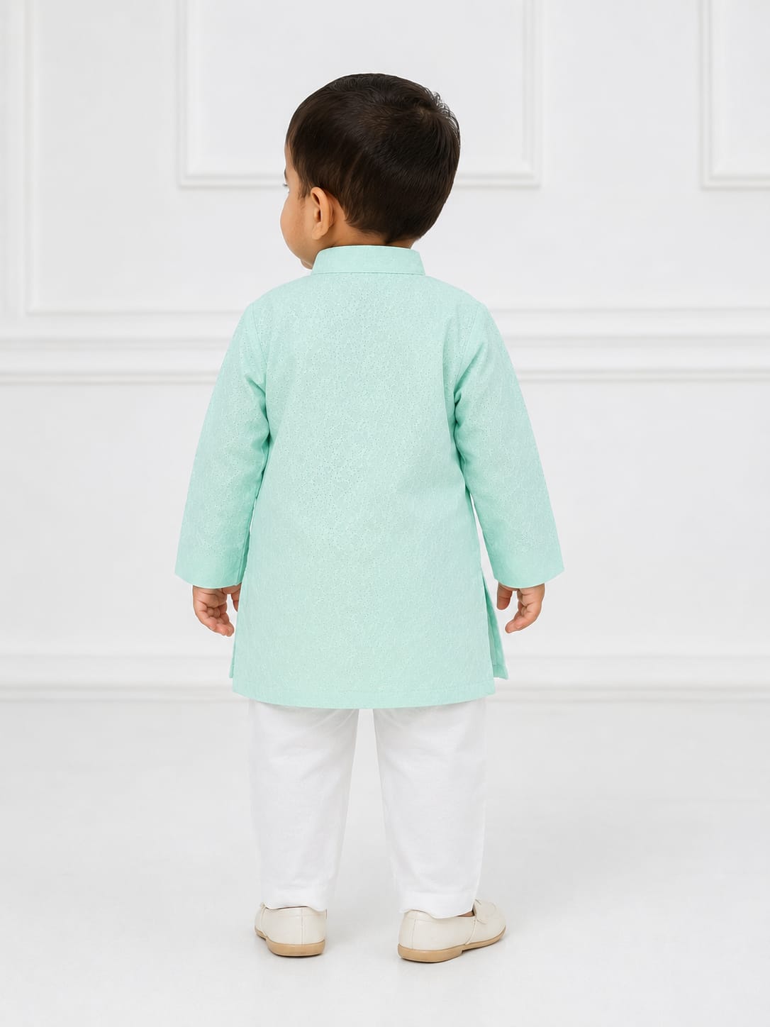 Boys' Mint Green Self-Textured Kurta and Pyjama Set