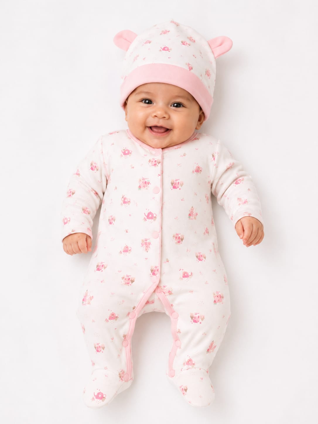 Baby Girls' Printed Footed Romper and Beanie Hat Set