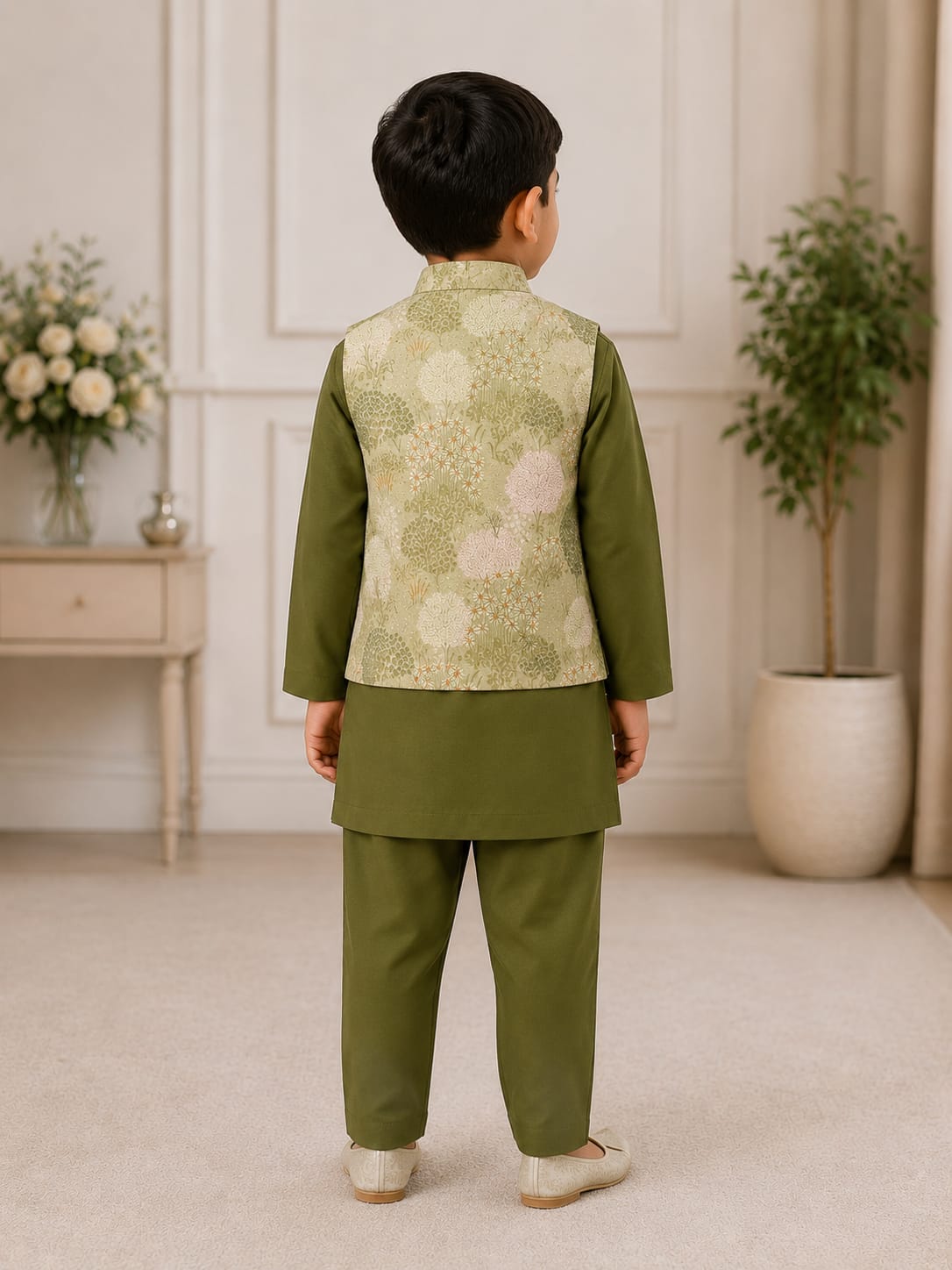 Boys' Meadow Print Nehru Jacket & Olive Kurta Pyjama Set