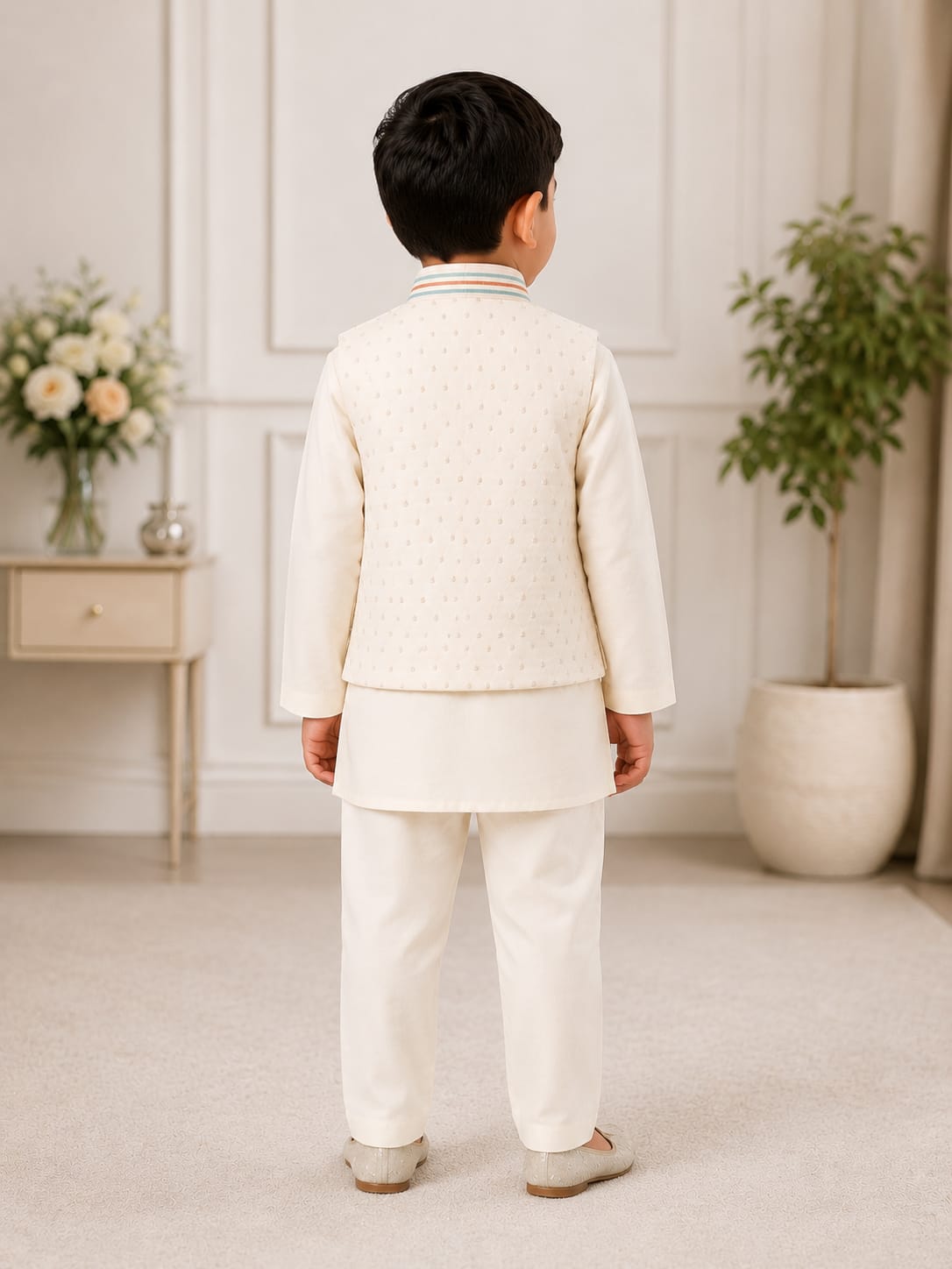 Boys' Embroidered Pocket Ivory Nehru Jacket & Kurta Pyjama Set