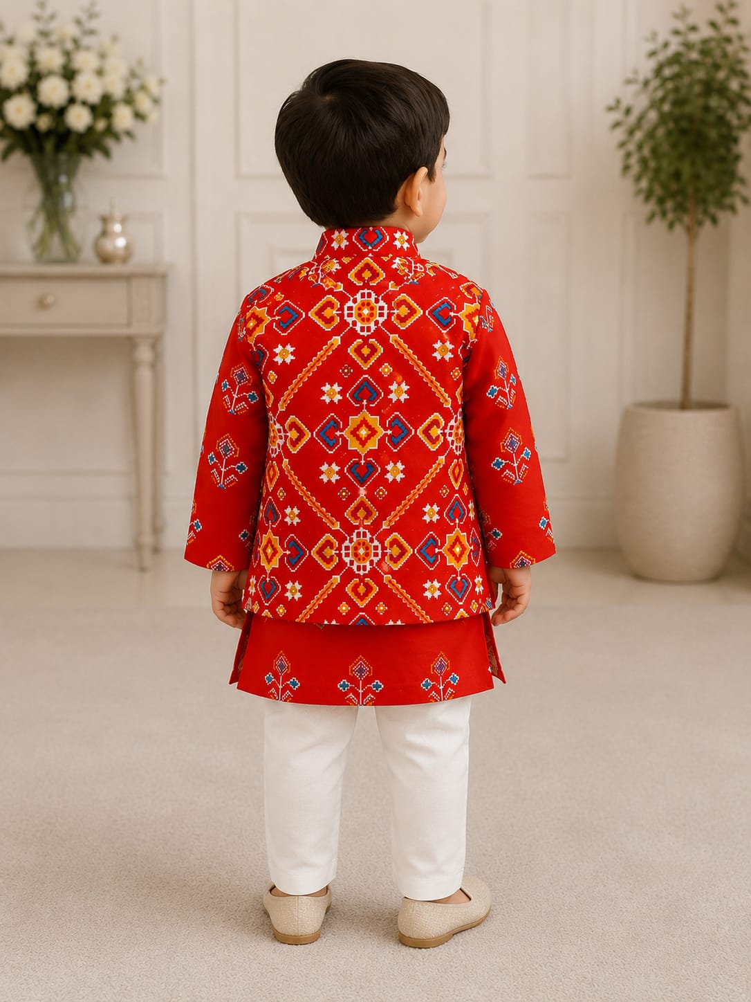 Boys Traditional Patola Print Kurta & Nehru Jacket Set