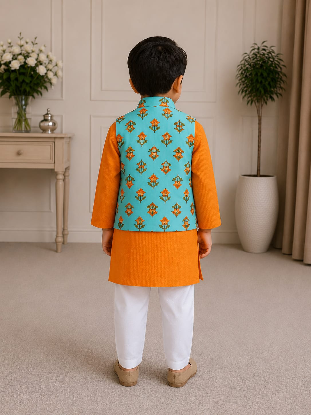 Boys Festive Floral Jacket & Mustard Orange Kurta Pajama Set