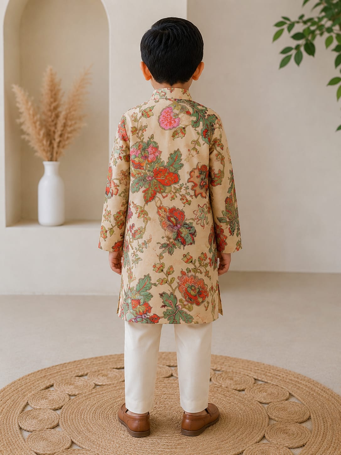 Boys' Floral Kalamkari Print Kurta Pyjama Set