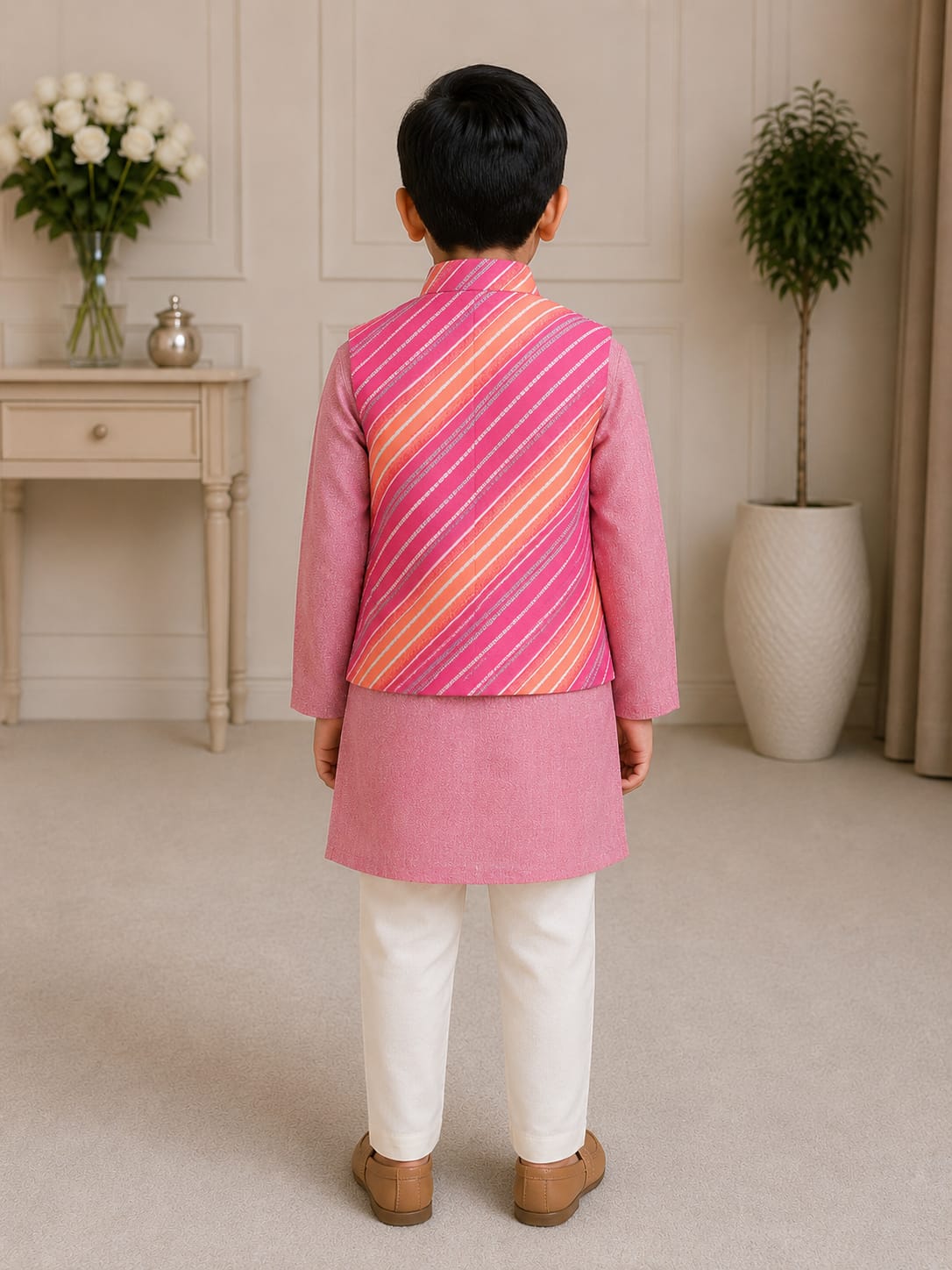 Boys' Leheriya Printed Nehru Jacket & Kurta Pyjama Set