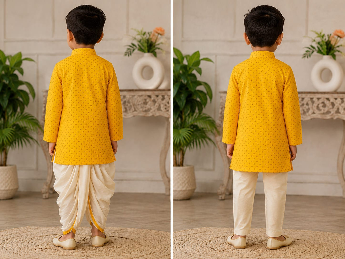 Boys' Bright Yellow Bandhani Print Kurta Set (with Dhoti & Pyjama Options)