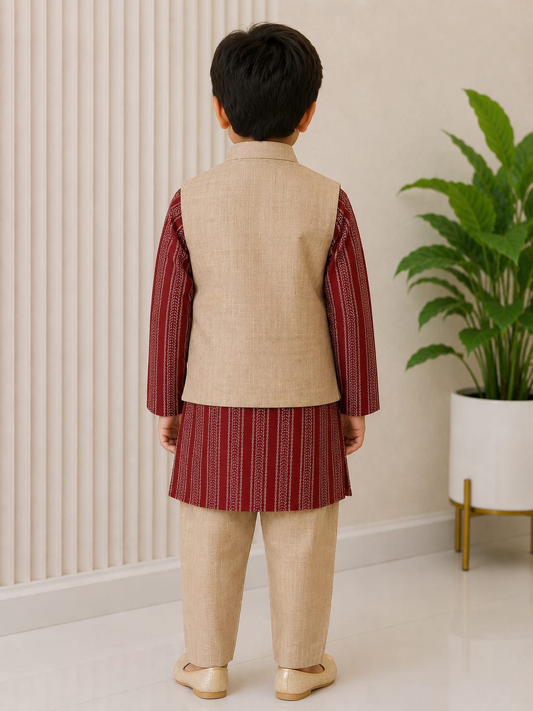 Boys' Maroon Printed Kurta with Beige Nehru Jacket & Trousers Set