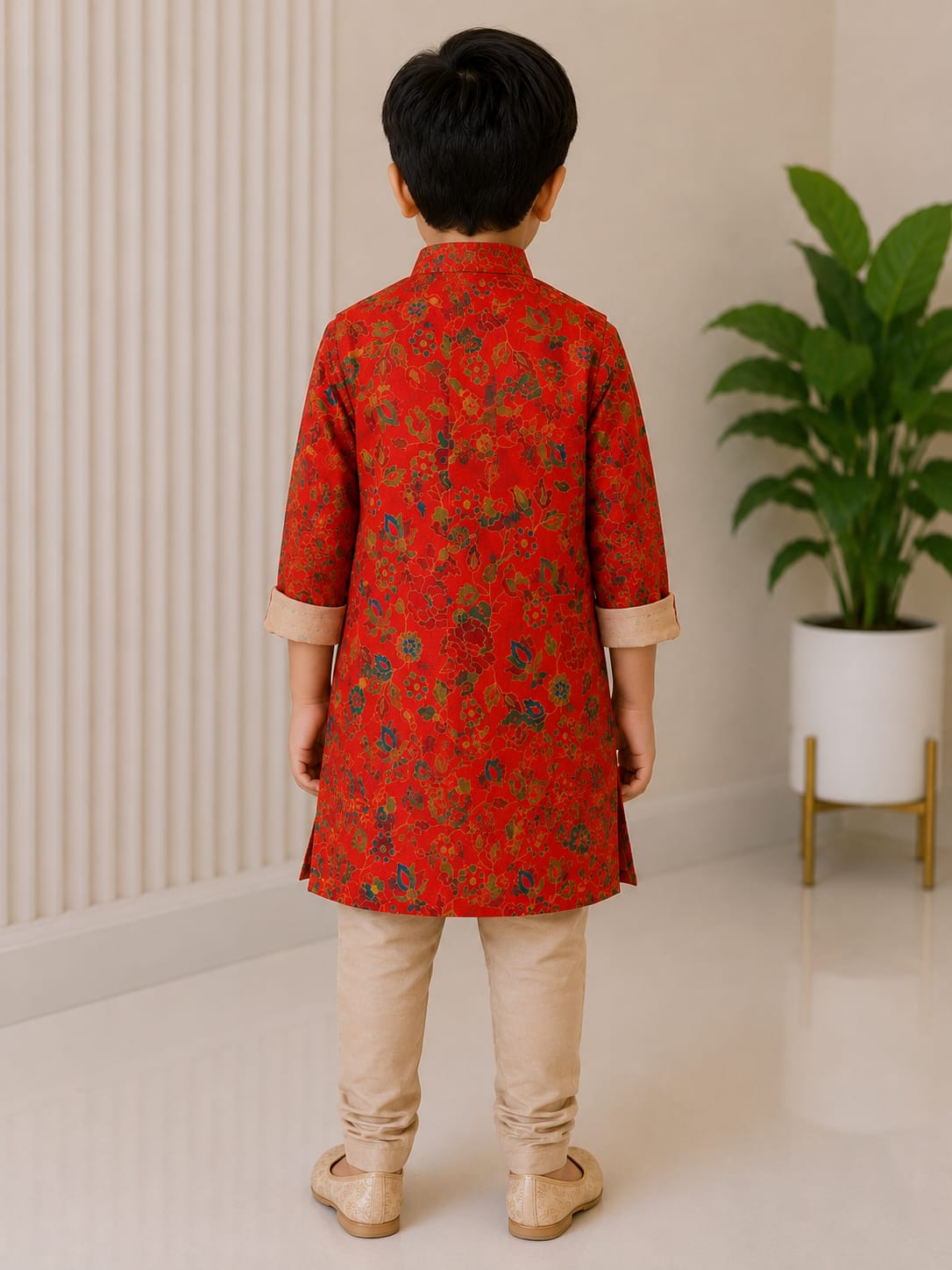 Boys' Crimson Red Kalamkari Print Sherwani Jacket & Kurta Set