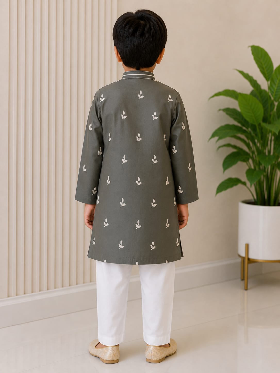 Boys' Embroidered Charcoal Grey Kurta & Pyjama Set
