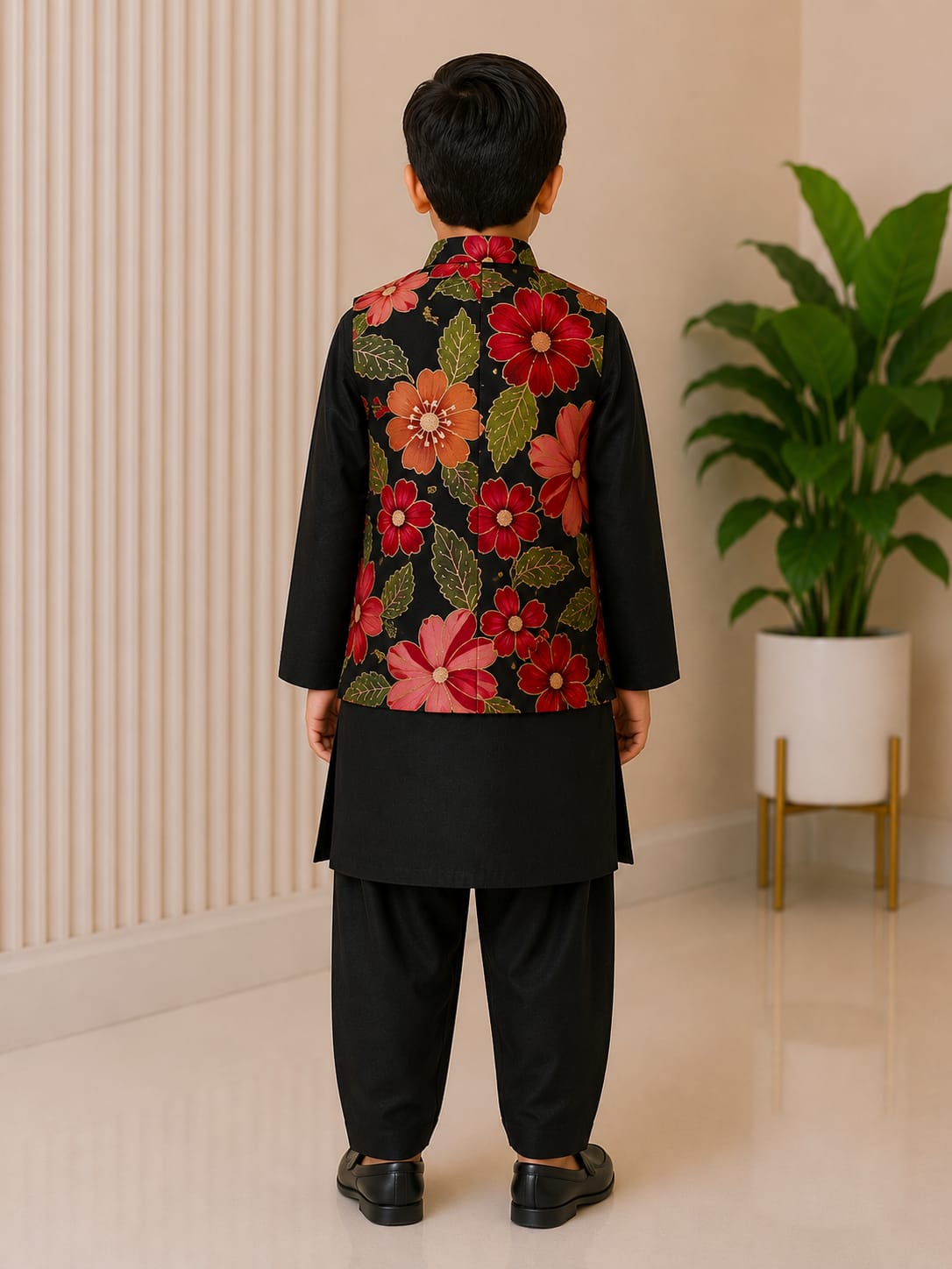 Boys' Bold Floral Print Nehru Jacket & Black Kurta Pyjama Set