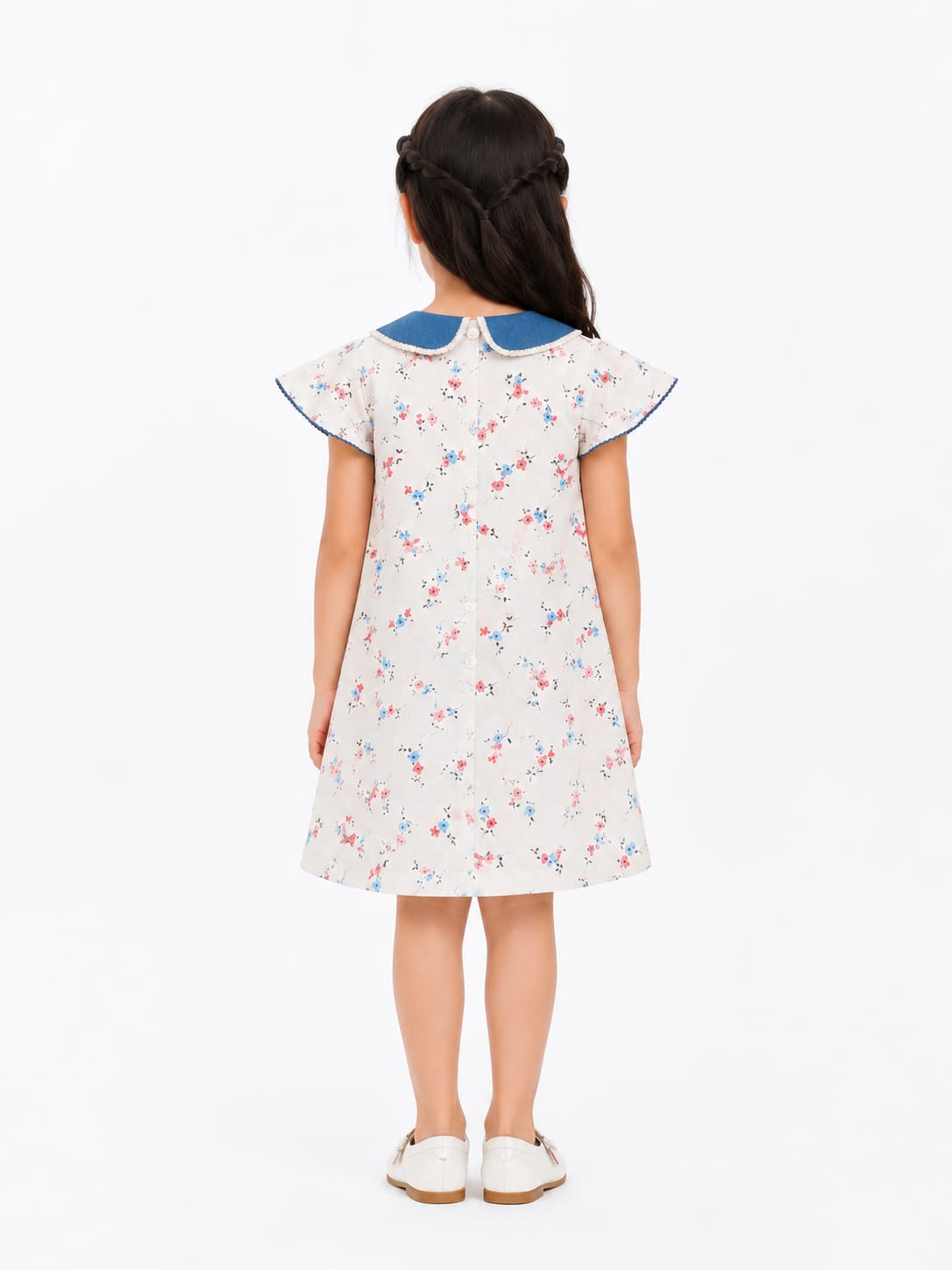 Girls Vintage Floral A-Line Dress with Embroidered Denim Collar