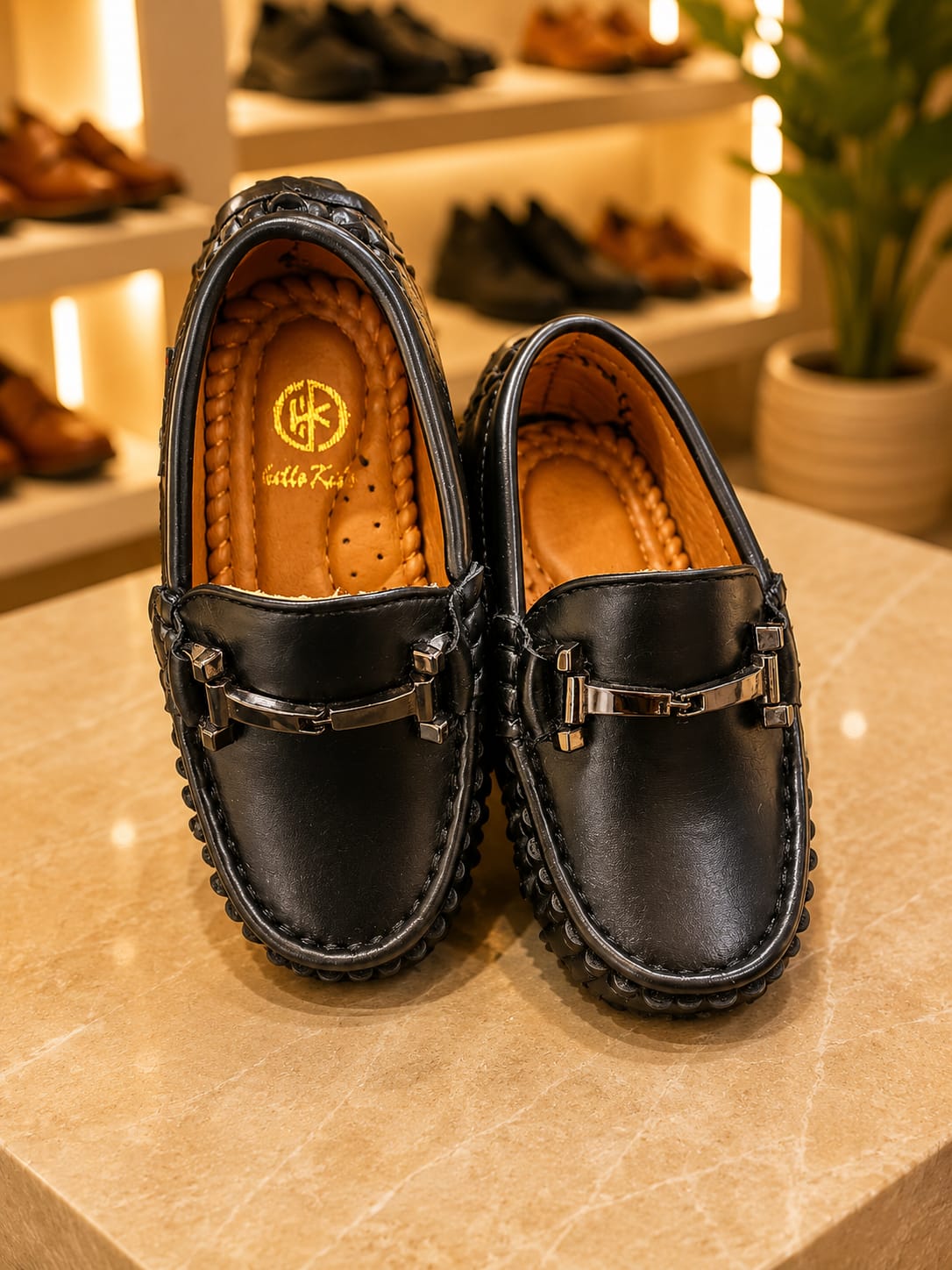 Boys Premium Black Leather Loafers with Metallic Bit Detail