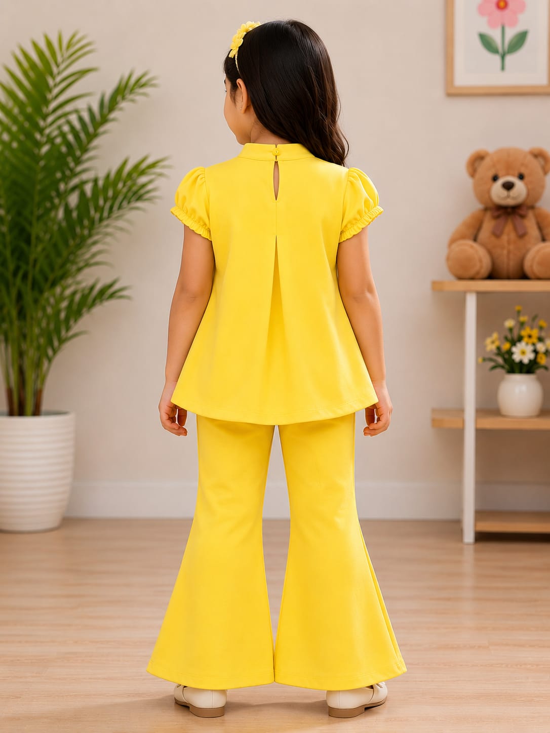 Vibrant Sunshine Yellow 3D Floral Girls' Flared Co-Ord Set